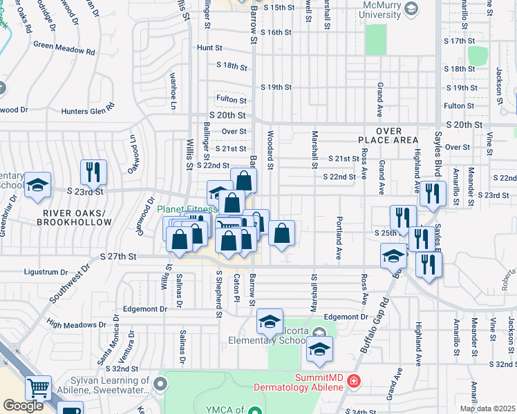 map of restaurants, bars, coffee shops, grocery stores, and more near 2301 Barrow Street in Abilene