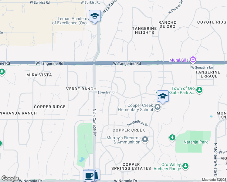 map of restaurants, bars, coffee shops, grocery stores, and more near 1268 Silverleaf Drive in Oro Valley