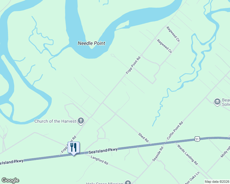 map of restaurants, bars, coffee shops, grocery stores, and more near 105 Fripp Point Rd in Beaufort
