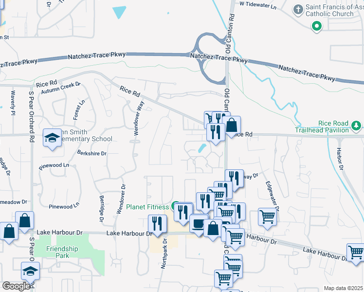 map of restaurants, bars, coffee shops, grocery stores, and more near 715 Rice Road in Ridgeland