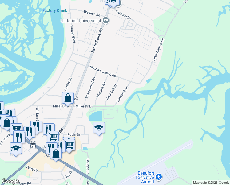 map of restaurants, bars, coffee shops, grocery stores, and more near 14 Bent Oak Road in Beaufort