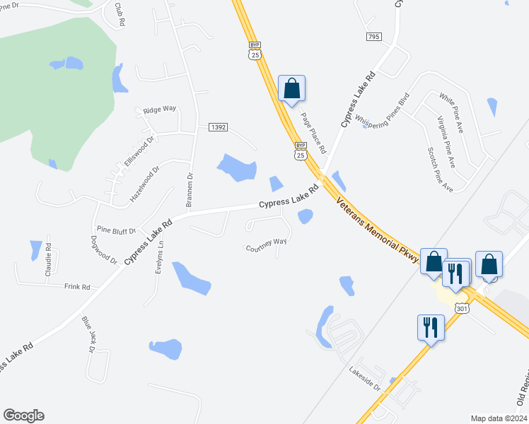 map of restaurants, bars, coffee shops, grocery stores, and more near 105 Lindsay Court in Statesboro