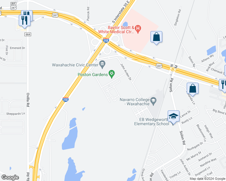 map of restaurants, bars, coffee shops, grocery stores, and more near 2801 John Arden Drive in Waxahachie