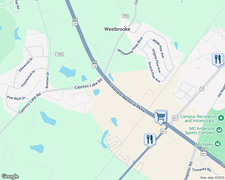map of restaurants, bars, coffee shops, grocery stores, and more near 7391 Veterans Memorial Parkway in Statesboro
