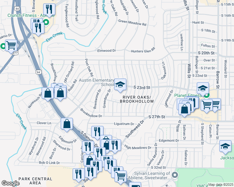 map of restaurants, bars, coffee shops, grocery stores, and more near 2341 Greenbriar Drive in Abilene