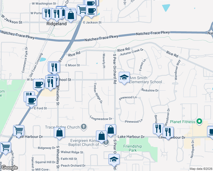 map of restaurants, bars, coffee shops, grocery stores, and more near 305 Longmeadow Court North in Ridgeland