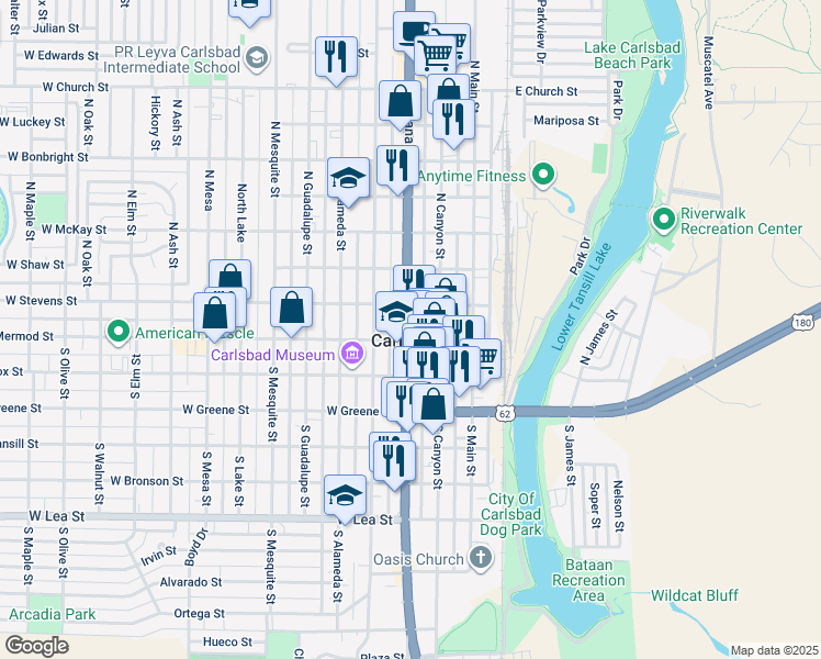 map of restaurants, bars, coffee shops, grocery stores, and more near 102 North Canal Street in Carlsbad