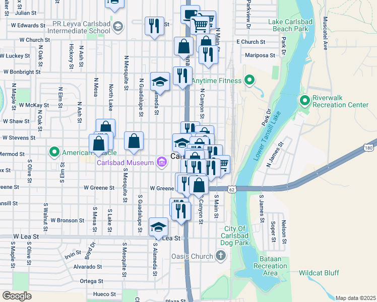 map of restaurants, bars, coffee shops, grocery stores, and more near 100-102 US Highway 285 in Carlsbad
