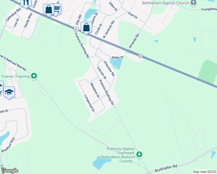 map of restaurants, bars, coffee shops, grocery stores, and more near 118 Lincoln Street in Statesboro