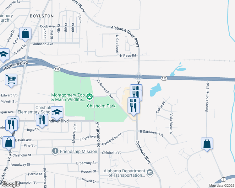 map of restaurants, bars, coffee shops, grocery stores, and more near Vista Terrace Drive in Montgomery