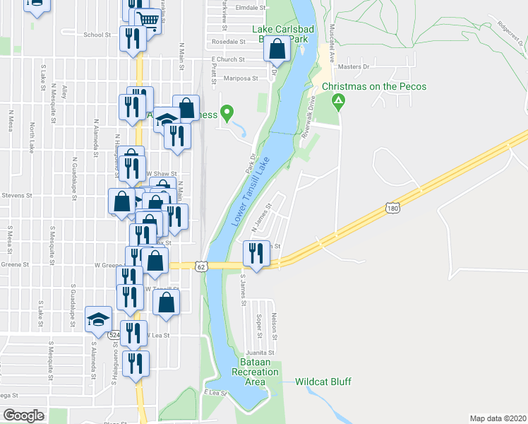 map of restaurants, bars, coffee shops, grocery stores, and more near 121 North James Street in Carlsbad