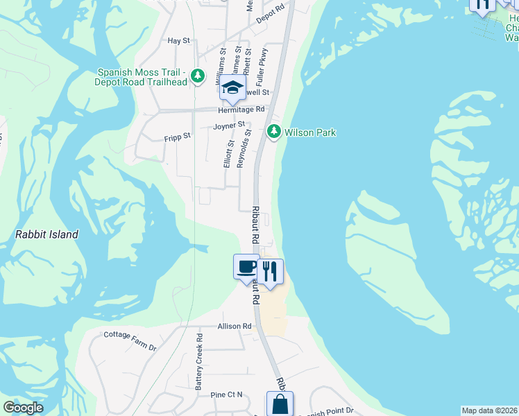 map of restaurants, bars, coffee shops, grocery stores, and more near 895 Ribaut Road in Beaufort