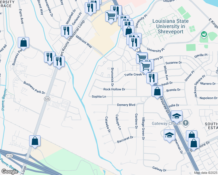 map of restaurants, bars, coffee shops, grocery stores, and more near 604 Rock Hollow Drive in Shreveport