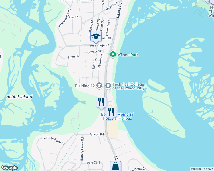 map of restaurants, bars, coffee shops, grocery stores, and more near 895 Ribaut Road in Beaufort