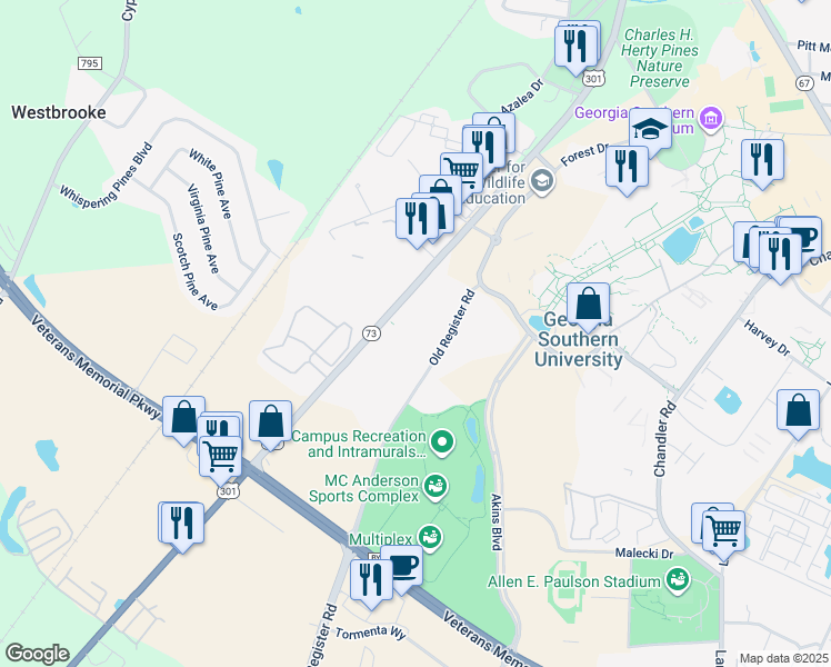 map of restaurants, bars, coffee shops, grocery stores, and more near 816 U.S. 301 in Register