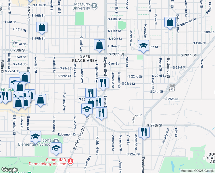 map of restaurants, bars, coffee shops, grocery stores, and more near 2317 Sayles Boulevard in Abilene