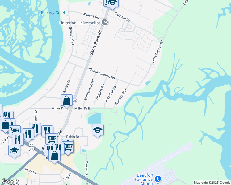 map of restaurants, bars, coffee shops, grocery stores, and more near 14 Bent Oak Road in Beaufort