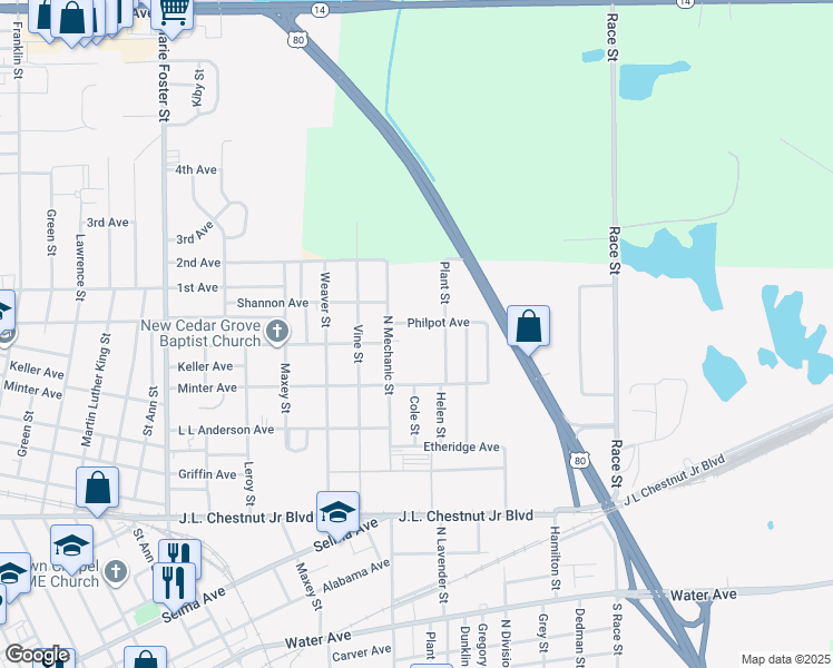 map of restaurants, bars, coffee shops, grocery stores, and more near 2510 Philpot Avenue in Selma