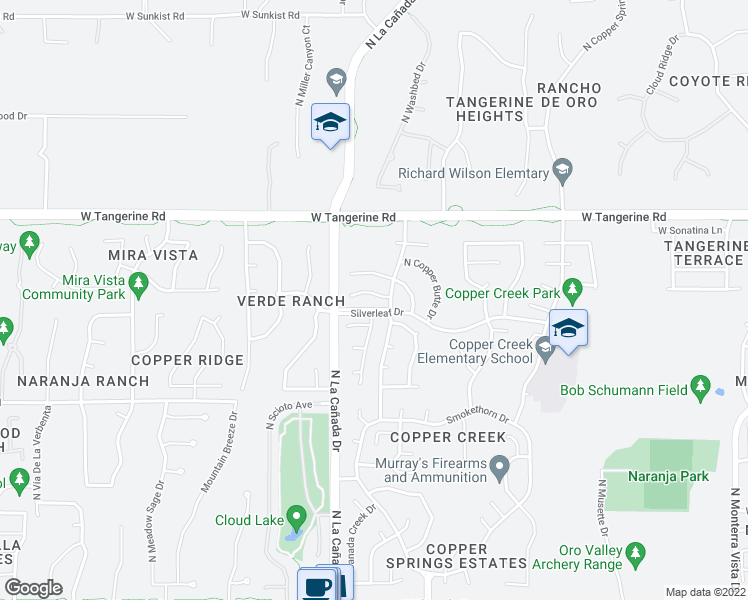 map of restaurants, bars, coffee shops, grocery stores, and more near 1301 West Desert Dew Place in Tucson