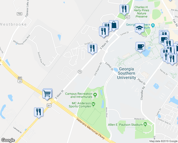 map of restaurants, bars, coffee shops, grocery stores, and more near 816 U.S. 301 in Register