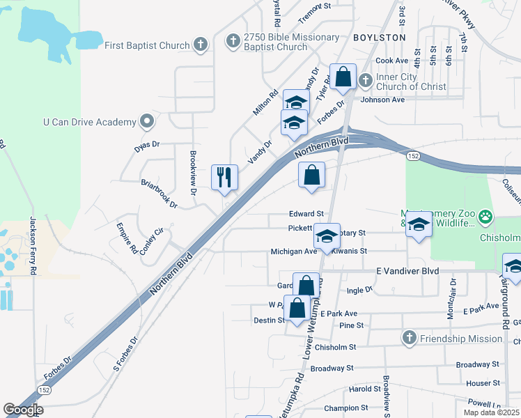 map of restaurants, bars, coffee shops, grocery stores, and more near 424 Edward Street in Montgomery