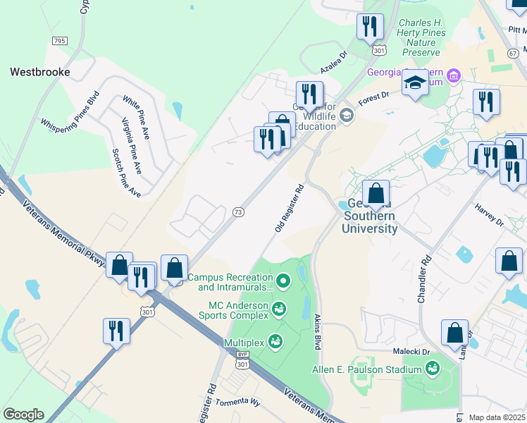 map of restaurants, bars, coffee shops, grocery stores, and more near 816 South Main Street in Statesboro