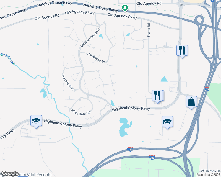 map of restaurants, bars, coffee shops, grocery stores, and more near 303 Oakmont Trail in Ridgeland