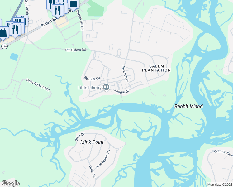 map of restaurants, bars, coffee shops, grocery stores, and more near 43 Petigru Drive in Beaufort
