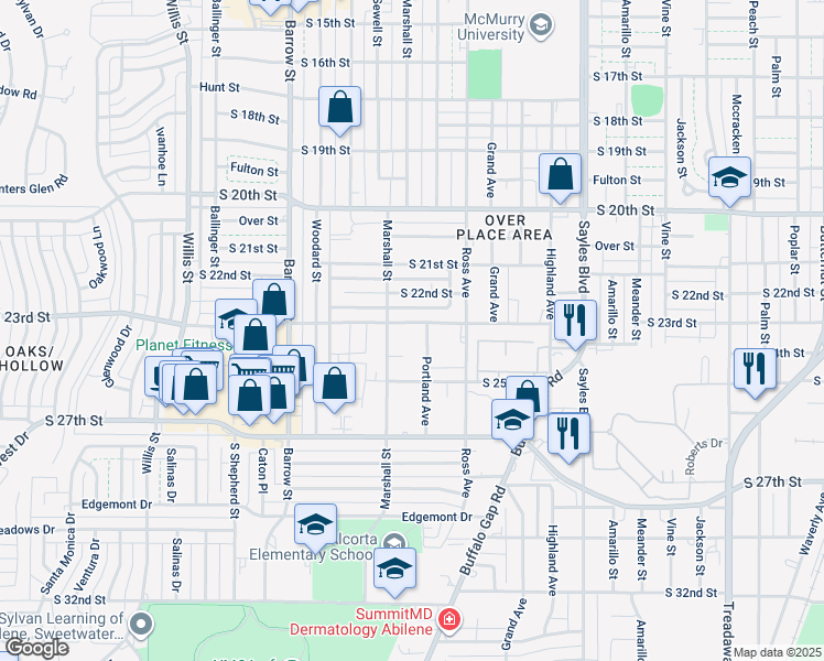 map of restaurants, bars, coffee shops, grocery stores, and more near 2617 South 23rd Street in Abilene