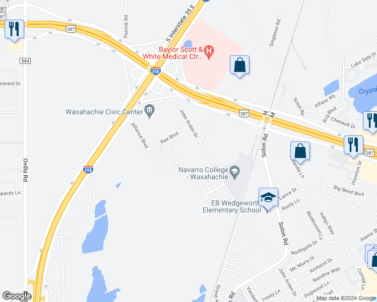 map of restaurants, bars, coffee shops, grocery stores, and more near 2801 John Arden Drive in Waxahachie