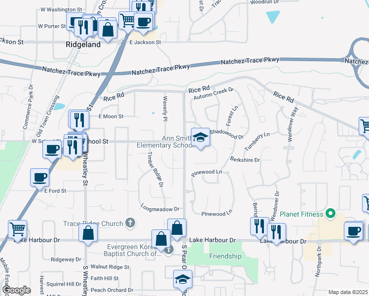 map of restaurants, bars, coffee shops, grocery stores, and more near 306 South Pear Orchard Road in Ridgeland