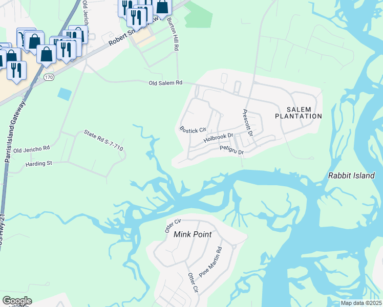 map of restaurants, bars, coffee shops, grocery stores, and more near 119 Patrick Drive in Beaufort