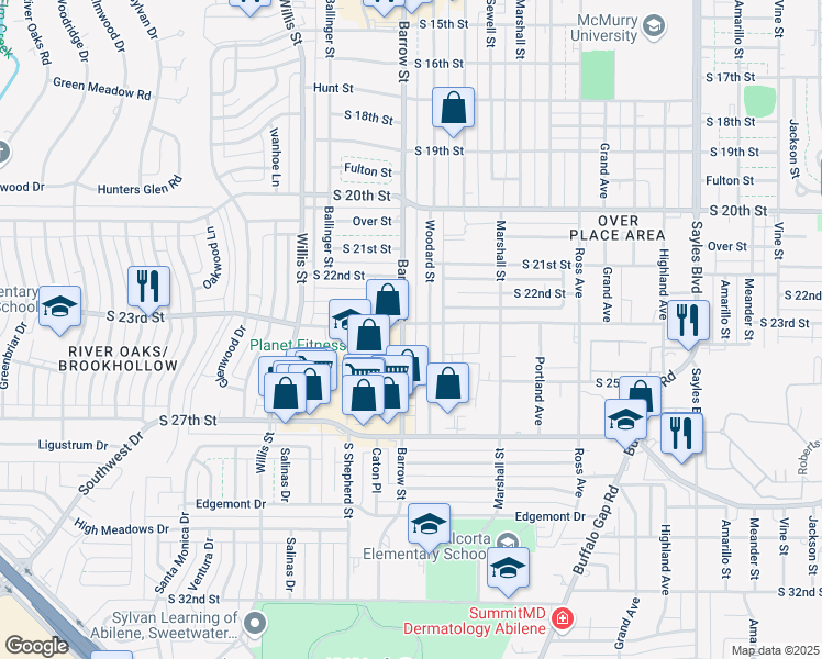map of restaurants, bars, coffee shops, grocery stores, and more near 2301 Barrow Street in Abilene