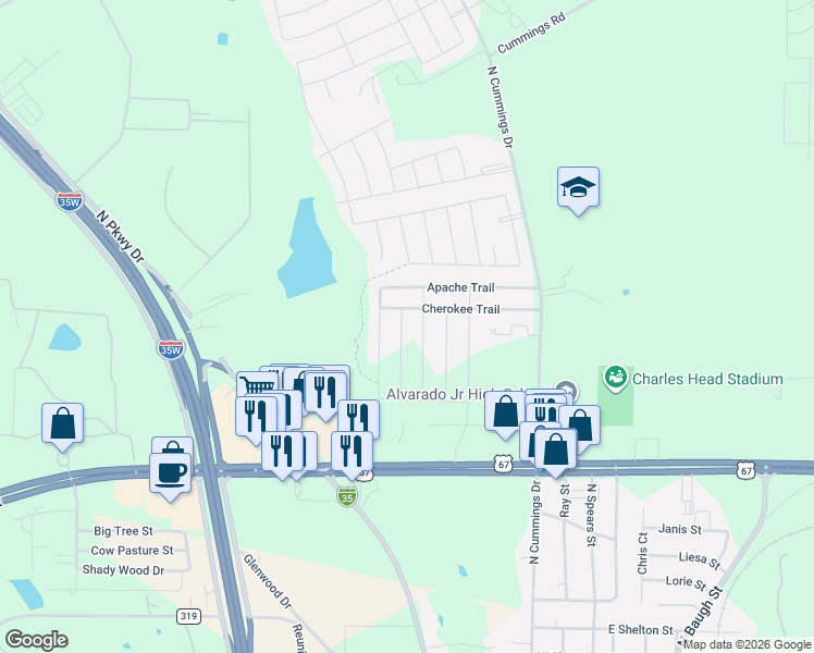 map of restaurants, bars, coffee shops, grocery stores, and more near 204 Seminole Trail in Alvarado