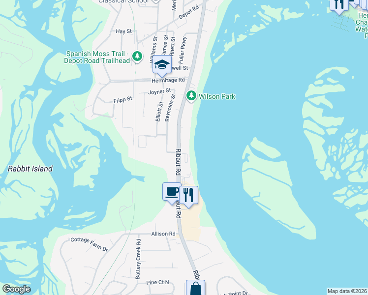 map of restaurants, bars, coffee shops, grocery stores, and more near 895 Ribaut Road in Beaufort