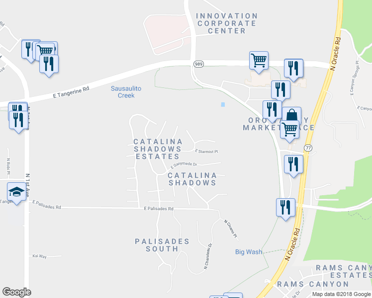 map of restaurants, bars, coffee shops, grocery stores, and more near 1665 East Moonshroud Drive in Tucson