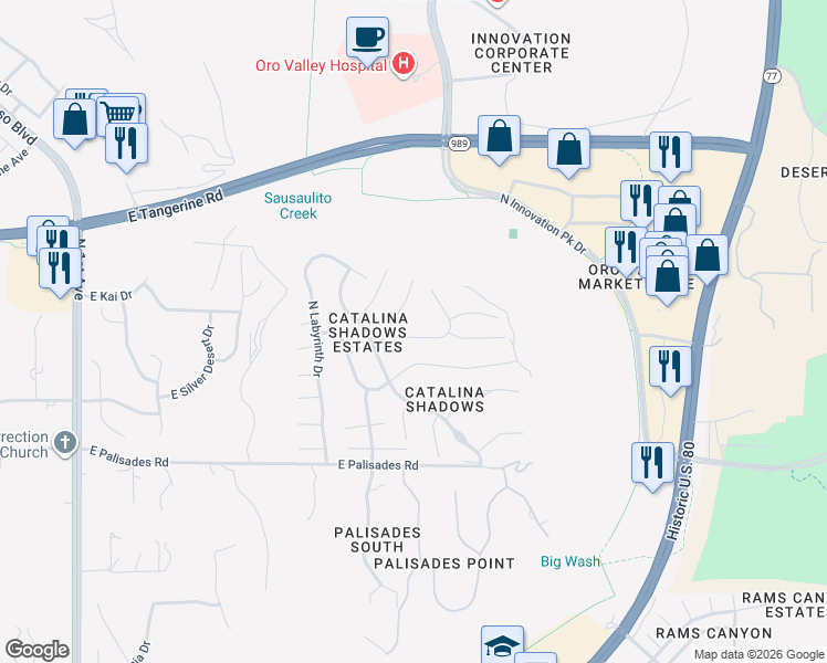 map of restaurants, bars, coffee shops, grocery stores, and more near 1665 East Moonshroud Drive in Tucson