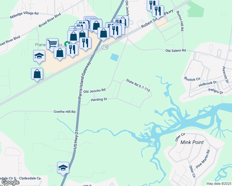 map of restaurants, bars, coffee shops, grocery stores, and more near 5 Adams Circle in Beaufort