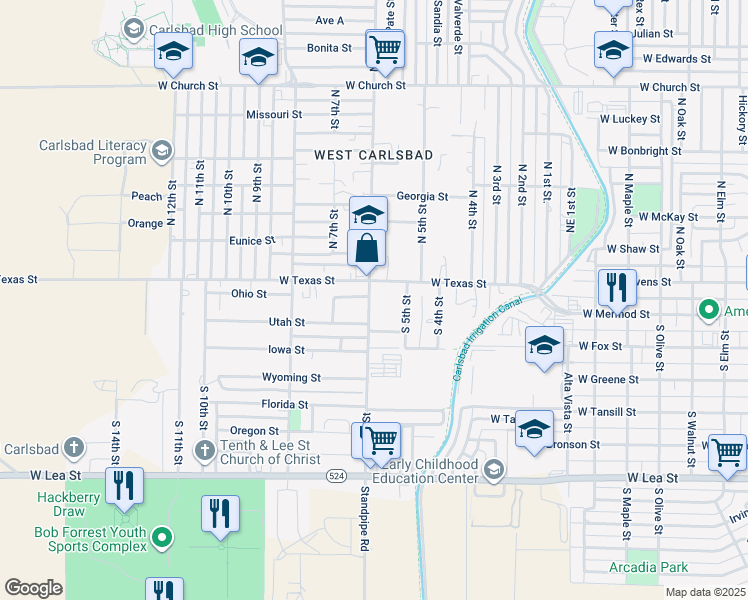 map of restaurants, bars, coffee shops, grocery stores, and more near 112 South 6th Street in Carlsbad