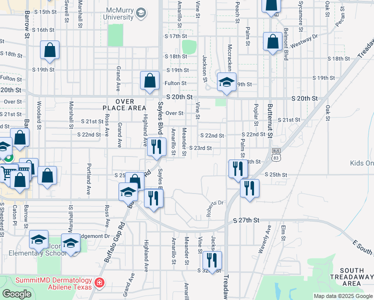 map of restaurants, bars, coffee shops, grocery stores, and more near 2301 Meander Street in Abilene