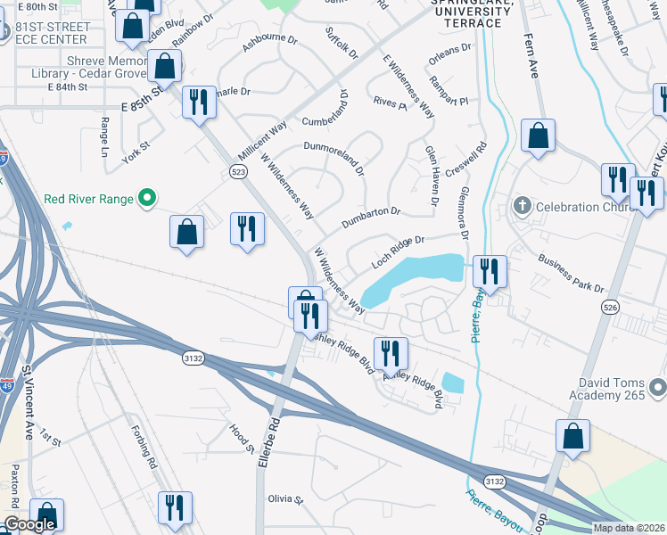 map of restaurants, bars, coffee shops, grocery stores, and more near 8717 West Wilderness Way in Shreveport