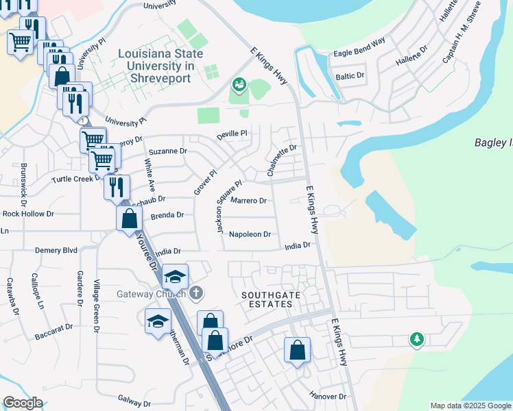map of restaurants, bars, coffee shops, grocery stores, and more near 109 Marrero Drive in Shreveport
