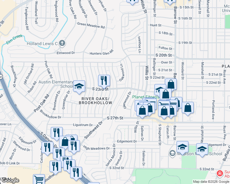 map of restaurants, bars, coffee shops, grocery stores, and more near 2310 Hollis Drive in Abilene