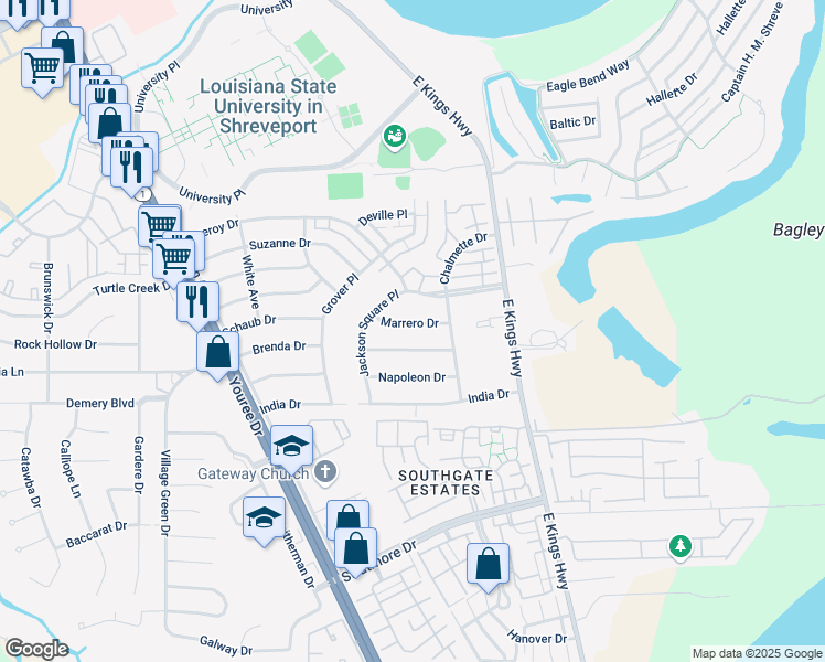 map of restaurants, bars, coffee shops, grocery stores, and more near 109 Marrero Drive in Shreveport