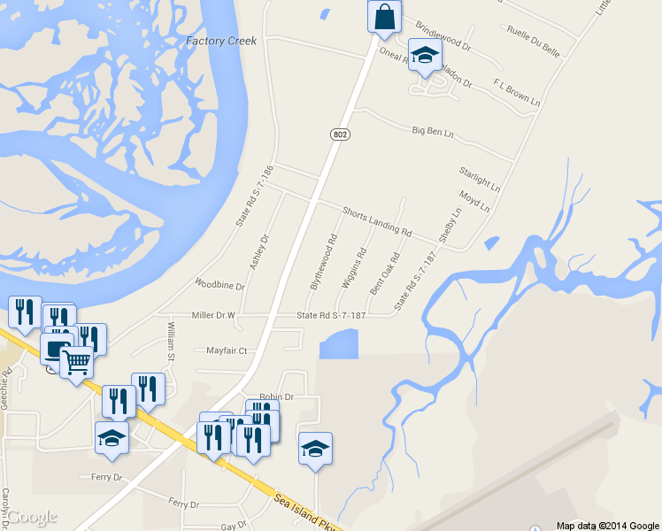 map of restaurants, bars, coffee shops, grocery stores, and more near 14 Blythewood Road in Beaufort