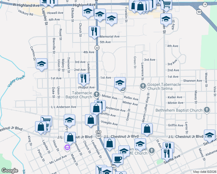 map of restaurants, bars, coffee shops, grocery stores, and more near 1530 Hayden Street in Selma