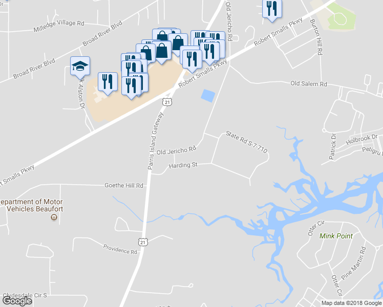 map of restaurants, bars, coffee shops, grocery stores, and more near 135 Old Jericho Road in Beaufort