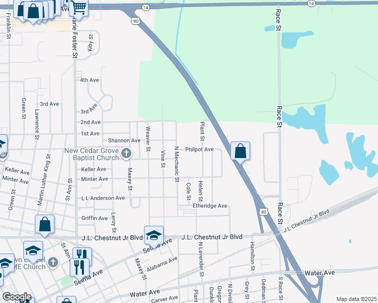 map of restaurants, bars, coffee shops, grocery stores, and more near 2510 Philpot Avenue in Selma