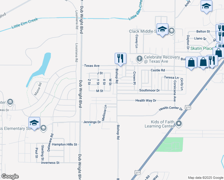 map of restaurants, bars, coffee shops, grocery stores, and more near 27 W Street in Abilene