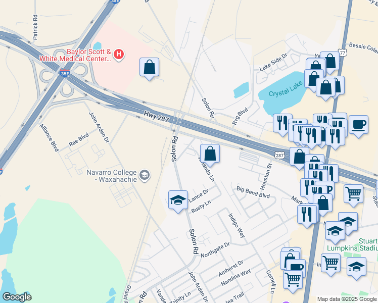 map of restaurants, bars, coffee shops, grocery stores, and more near 106 Amanda Lane in Waxahachie